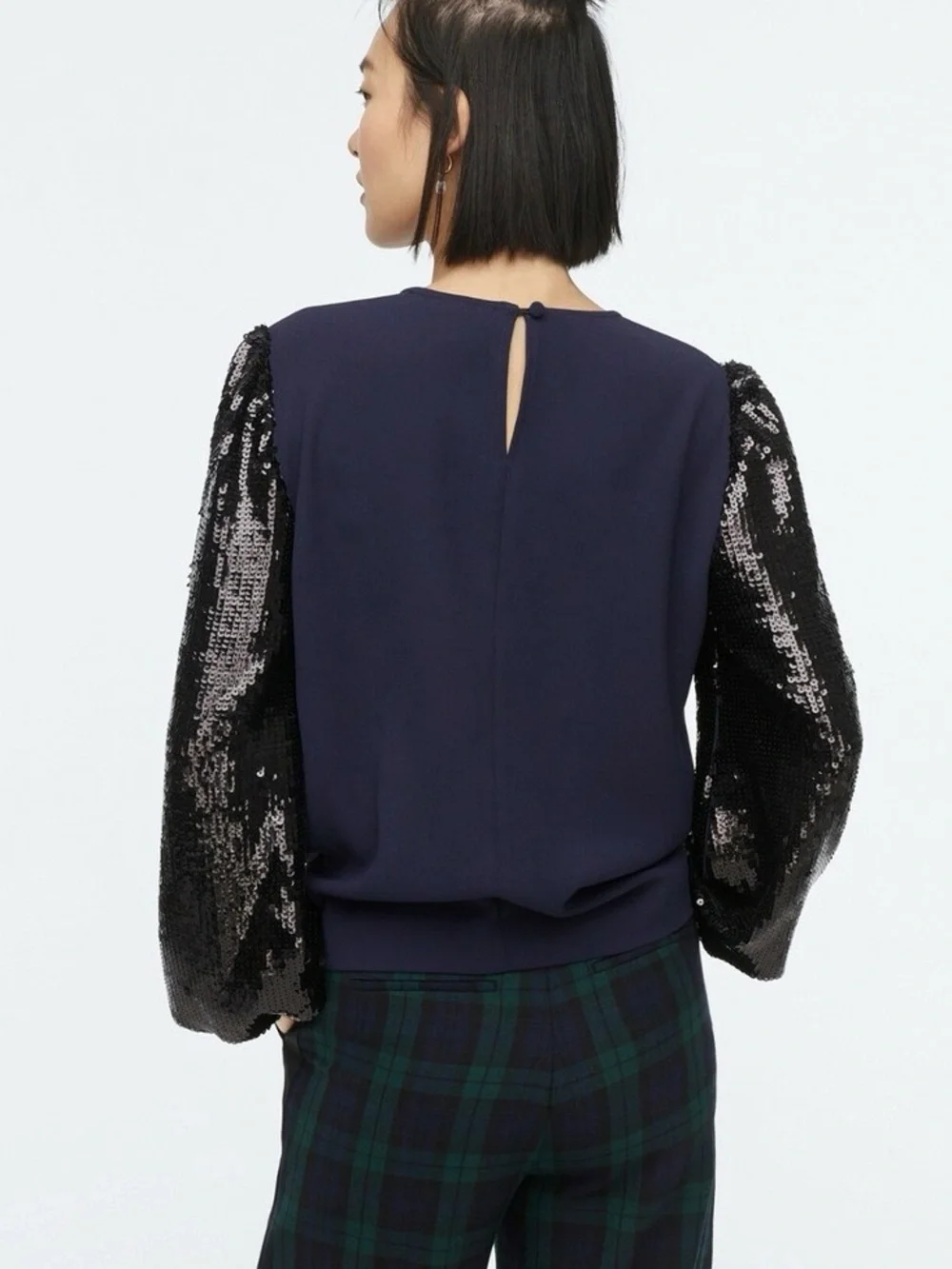 J. Crew Navy Blue Black Sequin Sleeve Formal Party Crepe Blouse Top Size XXS NWT